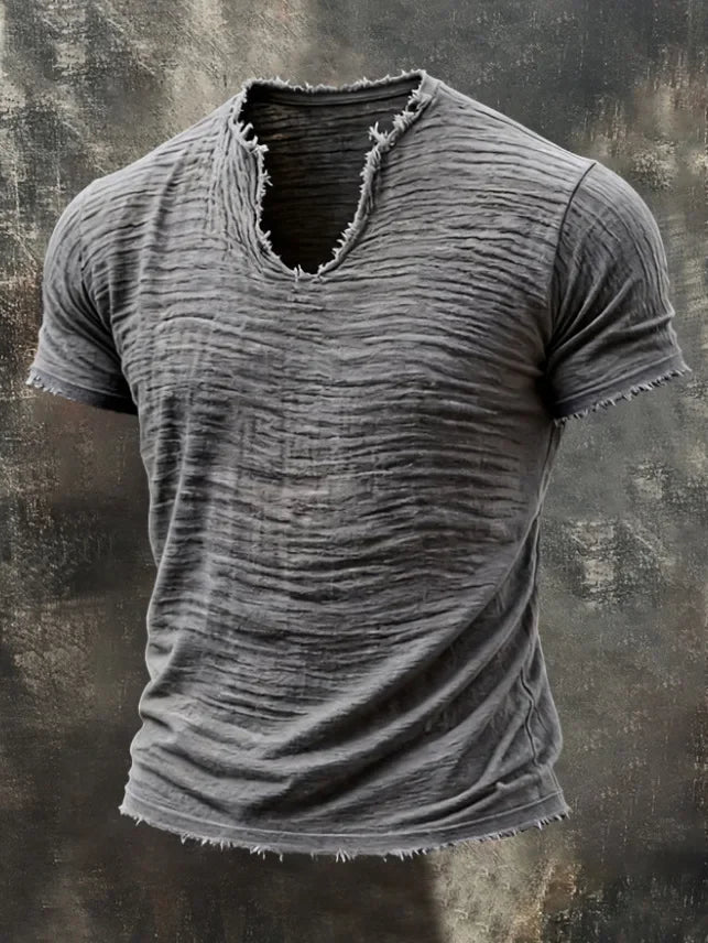 טישרט כותנה מקומט מפתח וי בצבע אפור